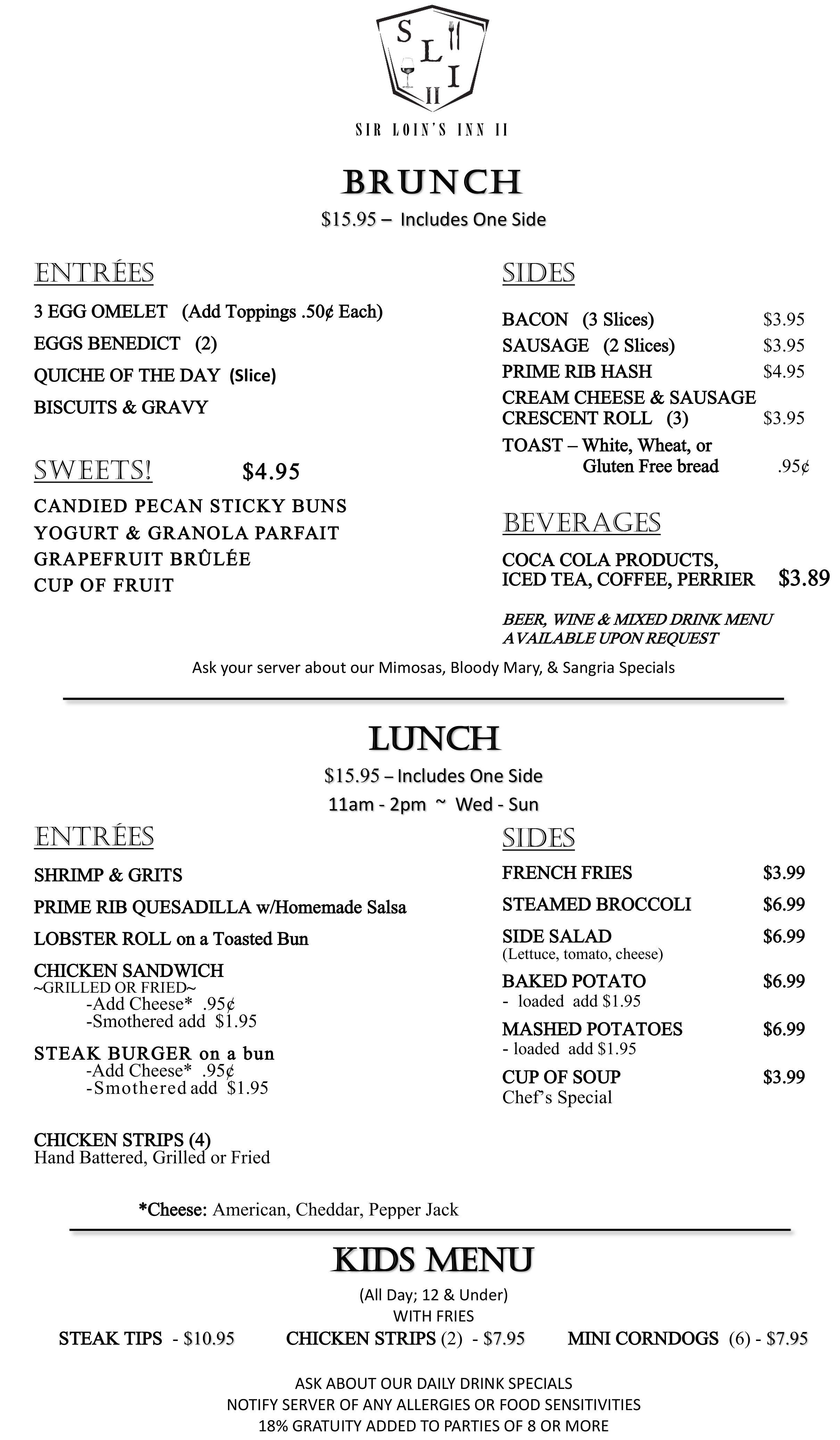 Sir Loin's Inn II - Menu