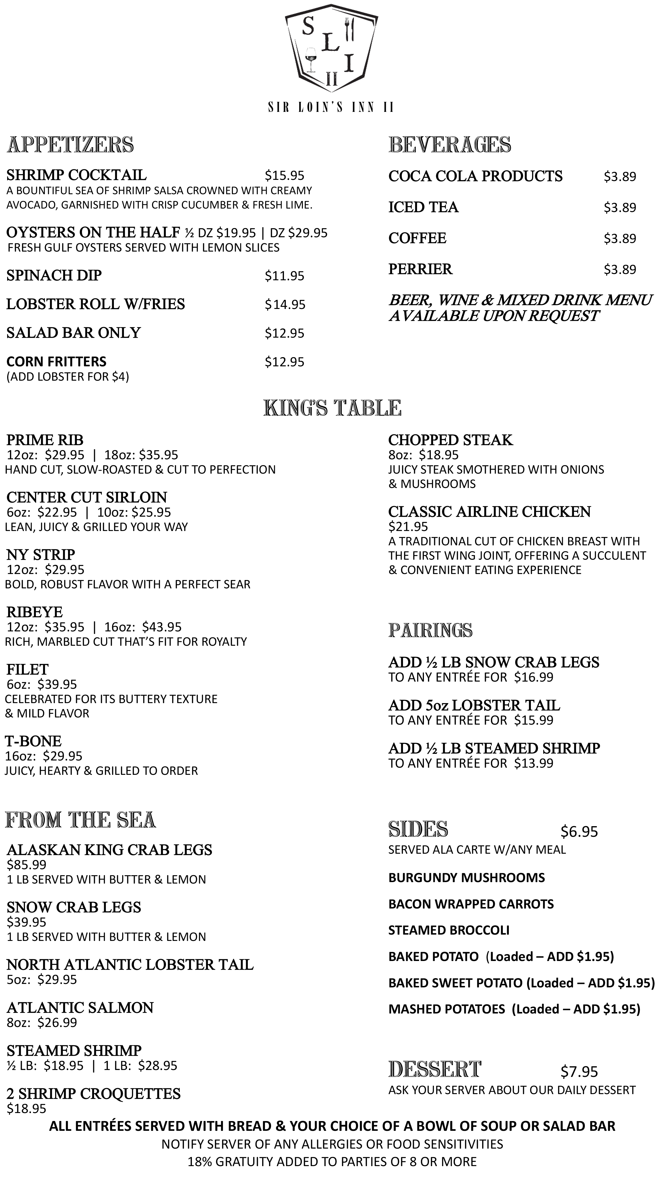 Sir Loin's Inn II - Menu